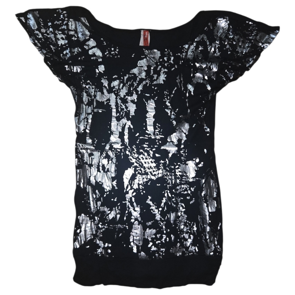 Y2K Topia Black and Silver Metallic Flutter-Sleeve Tunic Size S